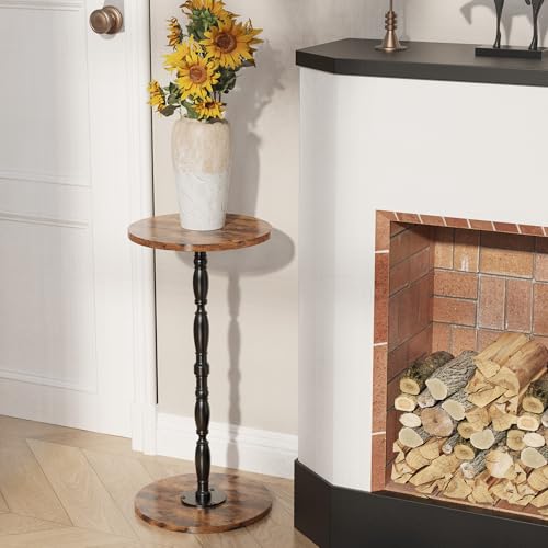 Wood Drink Table, Round Side Table for Small Spaces, Pedestal End Table Modern Accent Nightstand for Living Room, Bedroom, Office, Sofa Corners, Rustic Brown - color: Rustic Brown, size: 1-Tier