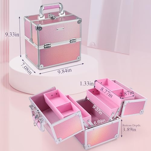 Frenessa Makeup Case Makeup Box Cosmetic Organizer Case Portable Make Up Artist Travel Case Storage Box 4 Trays with Dividers Lockable Hard Train Case Nail Tech Supply Storage Mermaid Pink - color: Pink