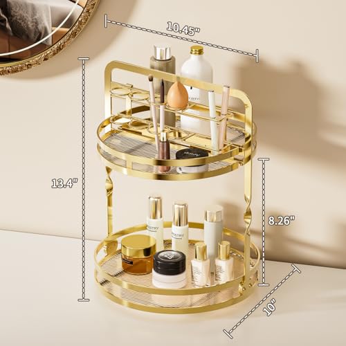 360° Rotating Makeup Organizer, 2-Tier Gold Perfume Organizer for Dresser, Bathroom Organizers Countertop, Perfume Shelf with Makeup Brush Holder, Skincare Holder Cosmetic Display(Gold) - color: Gold