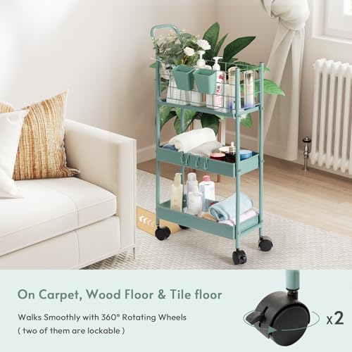 danpinera Storage Cart, 3 Tier Metal Narrow Storage Cart with Handle, Hooks and Hanging Cups, 7.7 Inches Wide, Green - color: Green, size: Slim (3 tier)