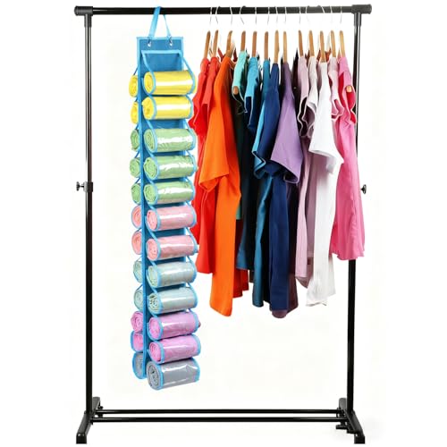 Legging Storage Bag Storage Hanger Can Holds 24 Leggings or Shirts Jeans Compartment Storage Hanger, Foldable Leggings Organizer Clothes Portable Closets Roll Holder (Blue) - color: Blue
