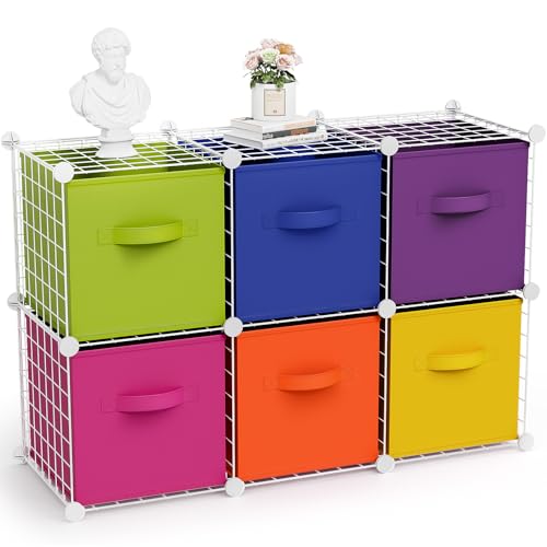 Leinuosen 6 Cube Storage Organizer with 6 Foldable Fabric Storage Bins, Metal Wire Grid Shelves, Stackable Modular Closet Organizer for Bedroom Living Room Office Toys Books(White,Colorful) - color: White,Colorful