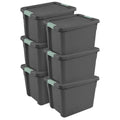 Sterilite 6-Pack Latch Tote, Stackable Plastic Storage Container Bins with Lids, 12 Gallon, Gray/Green - Latching Boxes for Bedroom, Bathroom, Garage, and Office Organization