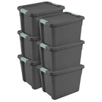 Sterilite 6-Pack Latch Tote, Stackable Plastic Storage Container Bins with Lids, 12 Gallon, Gray/Green - Latching Boxes for Bedroom, Bathroom, Garage, and Office Organization