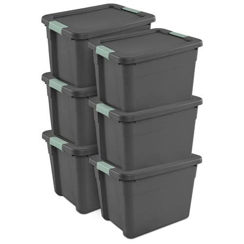 Sterilite 6-Pack Latch Tote, Stackable Plastic Storage Container Bins with Lids, 12 Gallon, Gray/Green - Latching Boxes for Bedroom, Bathroom, Garage, and Office Organization