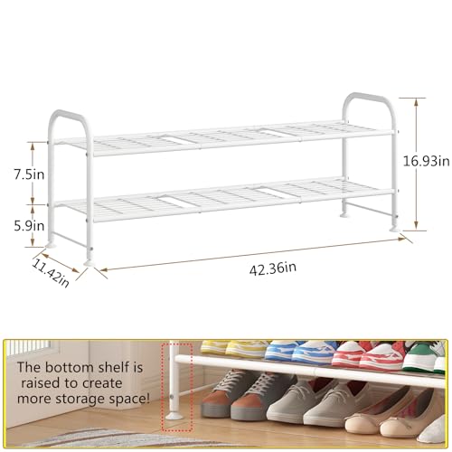 LINZINAR Shoe Rack Long 2 Tier Shoe Storage Organizer Metal Wide Shoe Shelf for Closet Entryway Bedroom 18 Paris Large Capacity, White - color: White, size: 2-Tier
