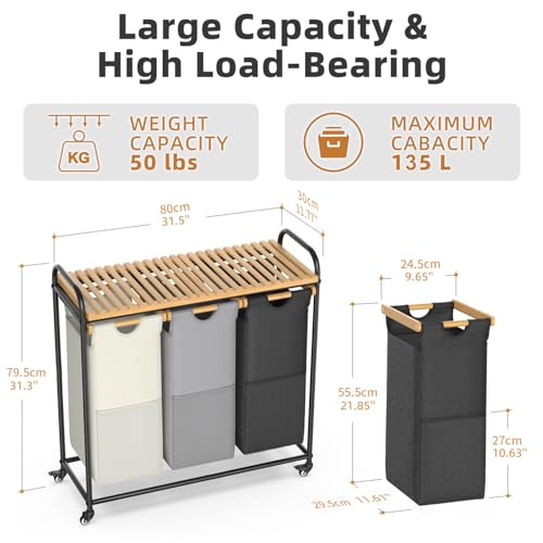 BambooHomie Laundry Hampers 3 Section, Laundry Sorter with Removable Shelf and Pull-Out Bags, Rolling Cart Clothes Hampers Basket with Wheels for Laundry Room Bathroom, 3 x 45 L (Black Beige Gray) - color: Black & Beige & Gray, size: 3 x 45 L