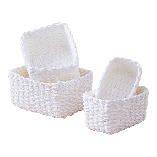 4PCS Woven Storage Baskets Set, Small Baskets for Organizing, Square Handwoven Paper Rope Organizer Bins for Shelves and Home Storage (White) - color: white