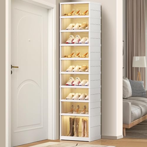 EHAMILY 9 Tier Foldable Shoe Rack Organizer for Closet 18-36Pairs Plastic Collapsible Shoe Racks Shelf Stackable Clear Folding Shoes Storage boxes for Small Spaces Narrow Shoe Storage Cabinet - size: 9 Tiers 18 Pairs