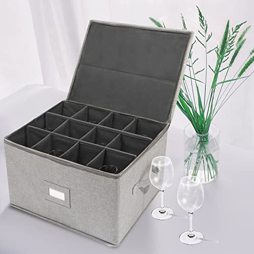 popoly Stemware Storage Cases, Wine Glass Storage Box Containers with Dividers, Stackable China Storage Containers for 12 Wine Glasses, Drinkware, Glassware or Crystal (Light Grey) - color: Light Gray