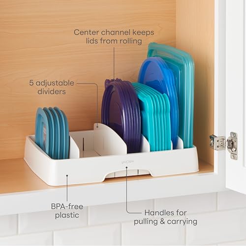 YouCopia StoraLid Food Container Lid Organizer for Kitchen Cabinet Storage with 5 Adjustable Dividers, 10.5''D × 13.4''W × 3.3''H, Large Classic Edition, White - size: Large Classic
