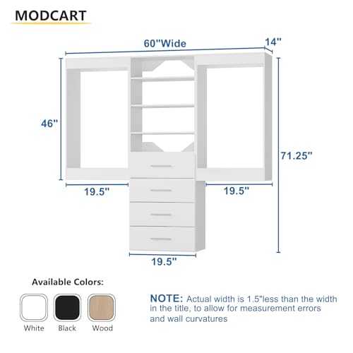 Modular Closet System, 60" Wide Closet Organizer System with Hanging and Drawers, Wood Tower Closet Storage for Walk In Closets, Wall Mounted Wardrobe Organizer Kit System, Bedroom, White - color: White, size: 60" Wide, style: Double Hanging*2 + 4 Drawer