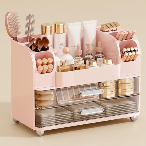 Makeup Organizer for Vanity with 2 Large Drawers, Cosmetic Display Case with Brush Holders, Easy to Storage for Bathroom Countertop Skincare, Perfume, Pink - color: Pink