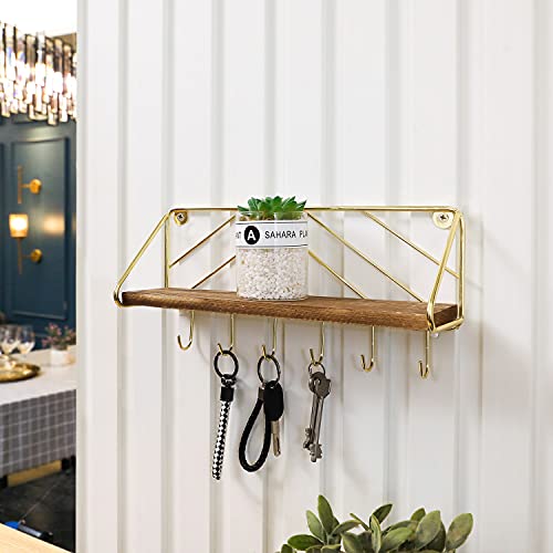 MyGift 12.5 Inch Burnt Solid Wood Hanging Display Shelf and Key Holder Rack, Wall Mounted Entryway Organizer with Brass Tone Metal Wire Chevron Design 6 Hooks