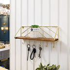MyGift 12.5 Inch Burnt Solid Wood Hanging Display Shelf and Key Holder Rack, Wall Mounted Entryway Organizer with Brass Tone Metal Wire Chevron Design 6 Hooks