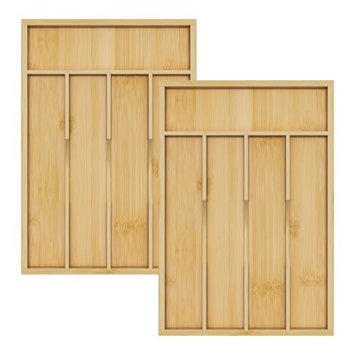 Bamboo Utensil Organizer for Kitchen Drawers, Utensil Tray and Cutlery Silverware Holder,Wood Drawer Dividers with 5 Slots（2 pack） - size: 5 Slots - 2 Packs