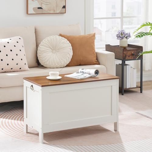 HOOBRO Toy Box, Retro Wooden Look Storage Chest with Safety Hinge, Entryway Storage Bench Supports 220 lb, 29.9 x 15.7 x 18.9 Inches Toy Chest Organizer, Easy Assembly (White and Walnut) WH75CW01G1 - color: White + Walnut, size: 29.9x15.7x18.9 Inch