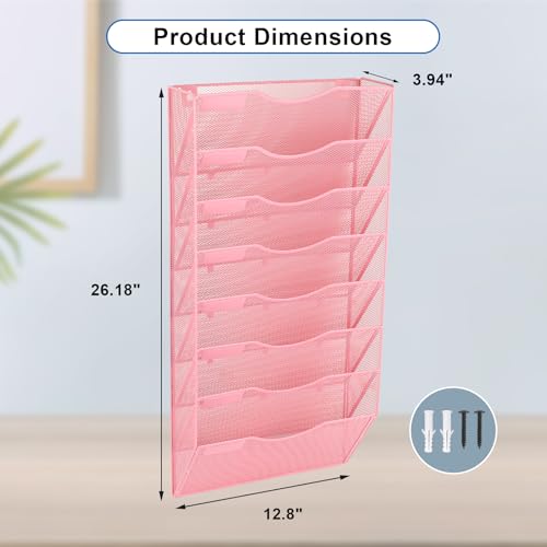 EASEPRES 8 Pocket Mesh Hanging Wall File Organizer, Wall Mounted Mail Paper Document Folder Holder, Clipboard Storage Organization Magazine Rack with Nametag Label for Office Home School, Pink - color: Pink, size: 8 Tier