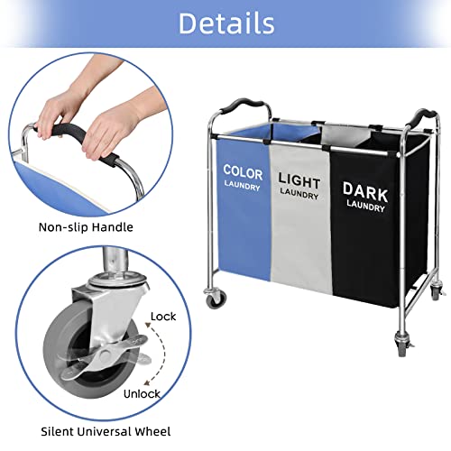 Laundry Basket, Large Laundry Hamper with Wheels, 3 Section Laundry Bag Organizer for Dirty Clothes; Dorm Room Essentials, Towel & Toys Storage Laundry Cart in Laundry Room Organization -BLUE - color: Blue