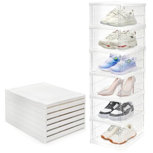 Hedume 6 Pack Clear Shoe Boxes Stackable, Drop Front Shoe Storage Box, No Assembly Plastic Shoe Organizer Storage Bin with Door, Free Standing Shoe Shelf Cabinet with Lid for Size 13, 13.6"x10"x7.9"