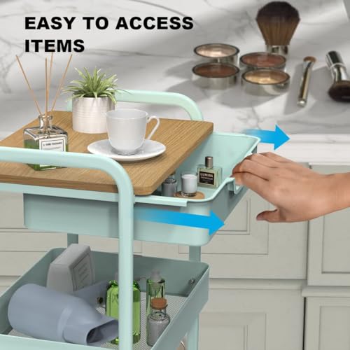 3 Tier Rolling Cart, Utility Cart with Drawer and Table Top, Metal Rolling Kitchen Storage Organizer Cart with Handle and Locking Wheels for Bathroom Office Balcony Living Room - color: Light Green