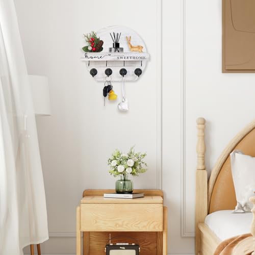 Key Holder for Wall, Key and Mail Holder Organizer - Key Holder Wall Mount with Bouquet Shelf and Key Hooks, Round Wooden Rustic Key Rack for Entryway and Home Decor (Pale White) - color: pale white