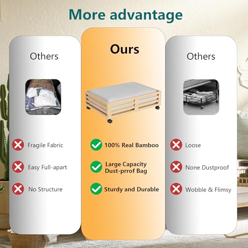 Wisuce Bamboo Under Bed Storage Containers- Underbed Organizer with Wheels with Dust Bag,Sturdy Wood Rolling Under the Bed Shoe Storage Organizer Drawers (Nature, 2 Pack (23.62"×16.54")) - color: Nature, size: 2 Pack (23.62"×16.54")