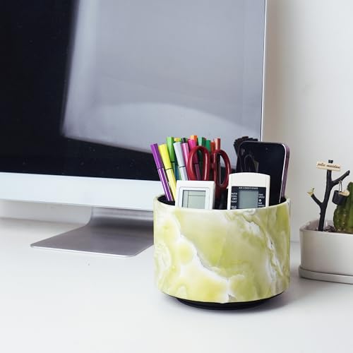 Round Leather Art Supply Organizer,Remote Control Holder,360-degree Rotating Pen Organizer with 4 Compartments(1-Marble Geen) - color: 1-Marble Geen