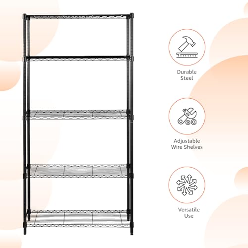 Amazon Basics 5-Shelf Adjustable Heavy Duty Steel Wire Storage Shelves for Garage, Kitchen, Easy Assembly, 36" x 14" x 72", Black | Heavy Duty, Adjustable, for Kitchen, Garage, Shelving Organizer - color: Black, size: 36" L x 14" W x 72" H, style: No Whee