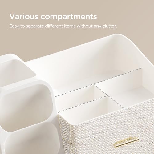 HBlife Makeup Organizer with Brush Holder for Vanity, Large Plastic Bathroom Countertop Organizer Skin Care Storage, Easy to Store Nail Polishes, Perfumes, Eyeshadow Palettes, Pearl All White - color: Pearl All White, size: Large
