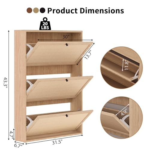 AVZEAR Narrow Shoe Storage Cabinet for Entryway with Natural Linen Panel, Freestanding Slim Shoe Cabinet with 3 Flip Drawers, Wood Shoe Organizer Closed Shoe Rack for Hallway, Living Room(Natural) - color: Natural, size: 3 Drawers Single Layer