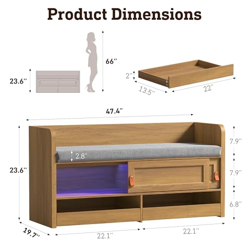 STO’Sense 47" Shoe Storage Bench with Cushion, Entryway Bench with UV Light & Backrest, Farmhouse Shoe Cabinet Bench with 2 Sliding Doors & 2 Pop-Out Drawers for Bedroom End of Bed, Hallway (Oak)