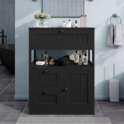 GRUSIGN Storage Cabinet, Modern Bathroom Floor Storage Cabinet Organizer with 1 Door and 3 Drawers, Freestanding Cupboard for Kitchen/Living Room Use - color: Black