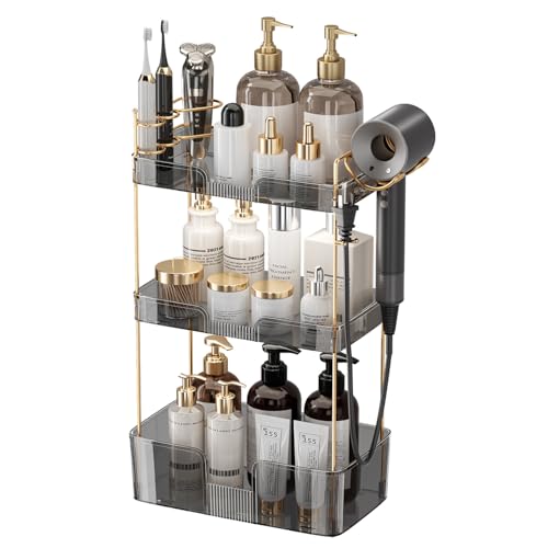 Aveniee Bathroom Counter Organizer,3 Tier Skincare Perfume Countertop Storage with Hair Dryer Rack and Toothbrush Holder, Cosmetic Makeup Tray for Vanity,Grey - color: Classic Grey, size: 3 Tier-New