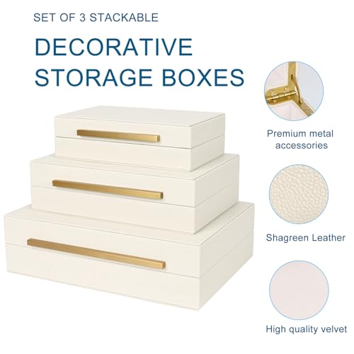 Beige Shagreen Decorative Box Set of 3 - Faux Leather Nesting Storage Boxes with Lids, Large Modern Jewelry Organizer, Stackable Home Decor Box for Bedroom, Bathroom & Office - color: Beige+Gold Handles, size: 3 pack