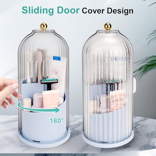 QIYVLOS Toothbrush Holders with Sliding Lid, Rotating 3 Slots Bathroom Organizer Countertop, Tooth Brush Toothpaste Holder Bathroom Counter Stand Sink Organizer Caddy for Makeup Brushes Holder (Blue) - color: Blue+transparent
