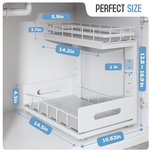 Under Sink Organizer Upgrade To Professional Rails,2-Tier Dual Pull Out Cabinet Storage,Height Adjustable Slide Out Drawers For Bathroom Kitchen,2 Pack-14.5"Dx12.8"-16.9"H,White - color: White, size: 2 Pack-14.5"Dx12.8"-16.9"H