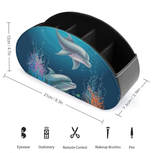 PU Leather Remote Control Organizer Box 5-Slot Multifunctional Dolphin And Fish Storage Holder for TV/DVD/Accessories Stylish Desk Decor for Living Room, Bedroom, Office - color: Dolphin and fish
