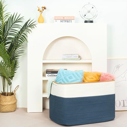 MINTWOOD Design 112L Extra Large Blanket Basket Holder Living Room, 25"x17"x16" Rectangle Rope Woven Storage Basket with Handles for Laundry, Towels, Shoes, Dog Toy Organizer Bin Box, Prussian Blue - color: Prussian Blue