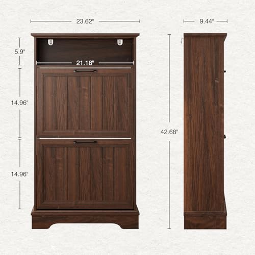 Shoe Storage Cabinet with 2 Flip Drawers, 24" W Farmhouse Modern Hidden Shoes Rack Cabinet with Adjustable Shelves & Open Storage, Narrow Slim Shoe Organizer for Front Door Entrance, Entryway, Walnut - color: Brown, size: 2-Drawers