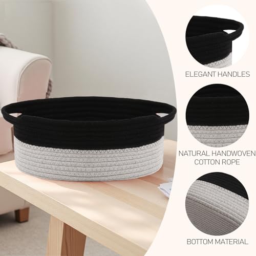 JMvicyroam Woven Basket,Small Rope Storage Bin with Handles & Ribbon Bag, Organizer for Shelves Closets,Gift Basket Empty for Birthday,Books,Dog Toys, Black&Grey - color: Black&Grey, size: 1 Pack