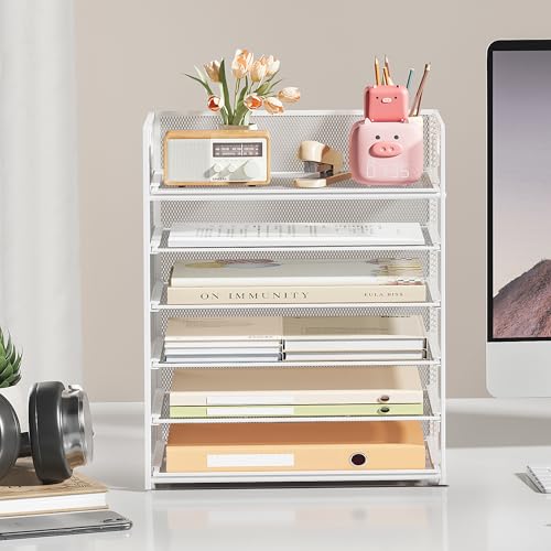 Subekyu 6 Tier Paper Organizer for Desk with Handle, Metal Mesh Desk Office File Folder Paper Letter Tray Accessories Organizer Sorter for Home, School, Office Desktop Document Organization - White - color: White