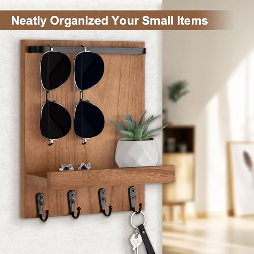 Key Holder Wall Mount, Key Holder for Wall with 4 Hooks, Farmhouse Key Hanger Holds Dog Leash, Sunglasses – Decorative Mail Organizer Home Decor (Wood) - color: Wood
