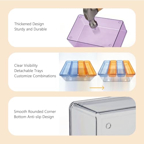MOSSRIVER 3 Pack Clear Drawer Organizer Set, Plastic Desk Organizer Bin with Lid & Trays, Colorful Storage Box with Removable Trays for Cosmetics, Jewelry, Bedroom, Bathroom, Office, Combo 02 - color: Color 02