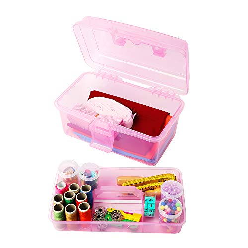 BangQiao Multipurpose Plastic Storage Container Organizer Box Case with Removable Tray and Handle for Art, Craft, Sewing Supplies, Clear&Pink - color: clear/pink