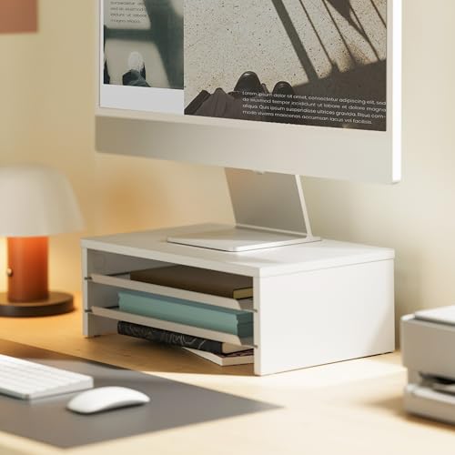 Fenge Monitor Stand, 3-Tier Monitor Riser with Slide-Out Tray, Wooden and Metal Desktop Organizer for Home Office, Computer, Laptop, Printer, Telephone - color: White