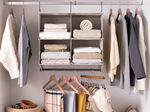StorageWorks Hanging Closet Organizer with Metal Rod, 4-Section Closet Organizers and Storage, Collapsible Hanging Shelves for Baby Clothes, Shoes, Sweater Storage, Brown and Beige - color: Brown & Beige, size: 12¼"D x 24½"W x 28"H