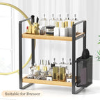 LEMIKKLE 2-Tier Wood Bathroom Counter Organizer with Basket,Waterproof Vanity Perfume Skincare Storage for Bathroom, Kitchen, Dresser - color: Light Brown