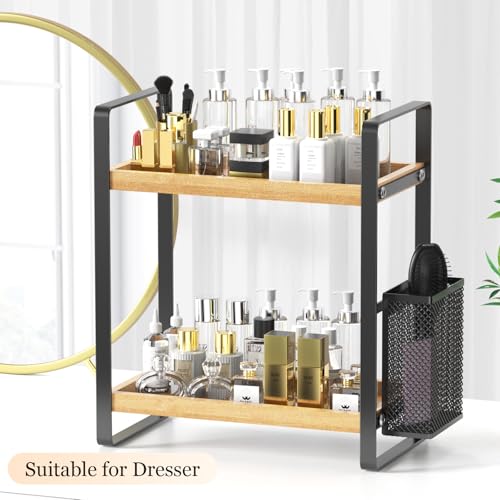 LEMIKKLE 2-Tier Wood Bathroom Counter Organizer with Basket,Waterproof Vanity Perfume Skincare Storage for Bathroom, Kitchen, Dresser - color: Light Brown