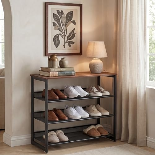 Garden 4 you Shoe Rack for Entryway 4 Tiers 11.8" D x 25" W x 28" H, Metal Shoe Rocks with Brown Wooden Tabletop, Angled Shoes Rack with Adjustable Mesh Shelves for Entryway Hallway Closet - color: Rustic Brown, size: 4-Tiers